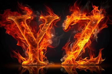 Fiery Alphabet Letters Y, Z, Minus, and Equal Symbols in Flames with Red Smoke on Black Background - Low Light Photography of Hot Metal Font