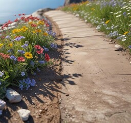 A patch of wildflowers blooming along a curved ground contour made of wooden planks and stones, ground contour, outdoor decor