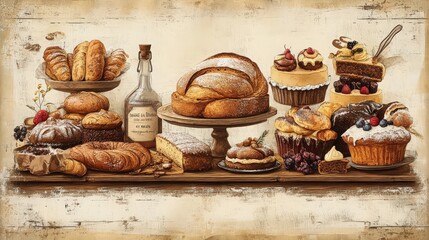 Fototapeta premium Vintage Style Bakery Display with Freshly Baked Goods
