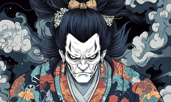 A dramatic illustration of a fierce warrior with traditional attire and intense expression.