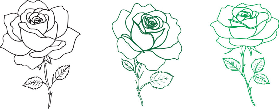 Black silhouette of rose, Valentines day silhouette of rose element set. Romantic silhouette of rose.