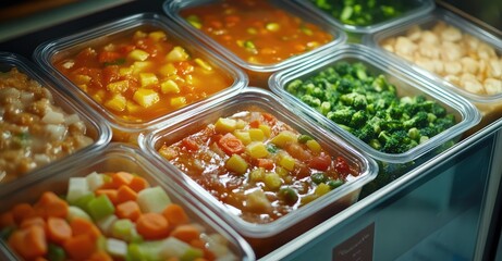 Frozen Food in the Freezer: Soup, Vegetables, and Ready Meals. AI generated illustration.