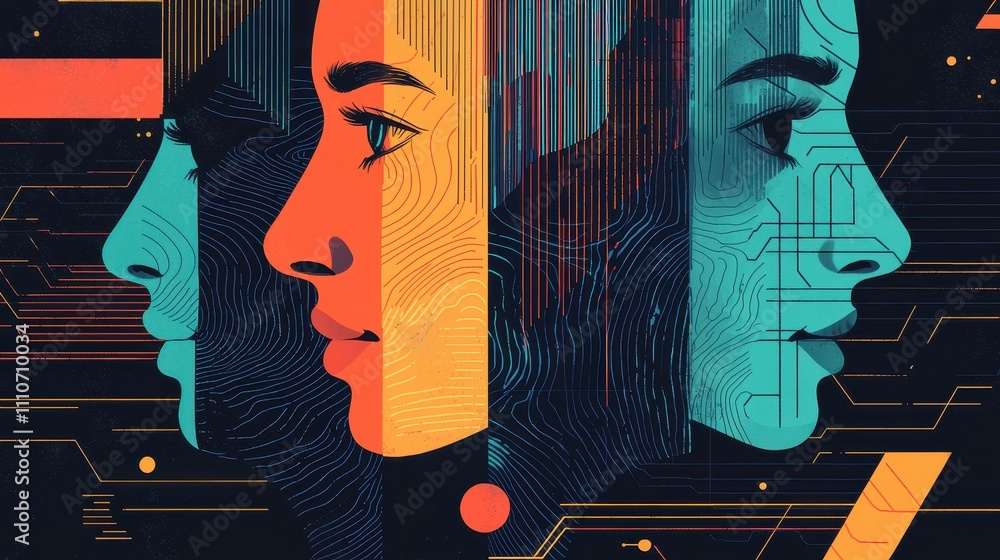 Poster minimalist artwork featuring biometric authentication theme with abstract faces and colors