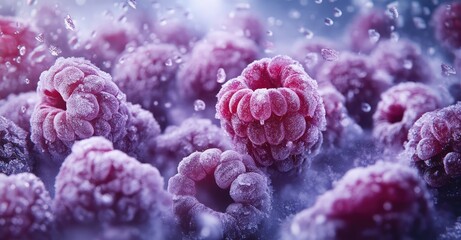 Frozen Raspberries Background. AI generated illustration.