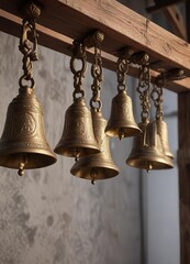 Obraz premium A row of ornate bells hanging from a wooden beam , ornate bell, church decoration, festive decor