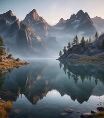 A Secluded Mountain Lake at Dawn with Misty Reflections, peaceful atmosphere, natural beauty