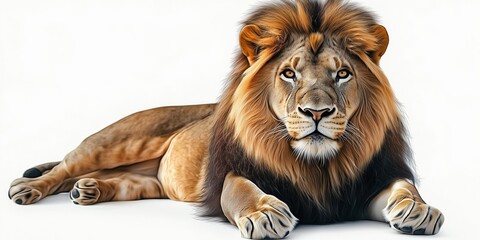 Studio photo of a lion isolated against a white background. Wildlife and conservation concept, space for copy.
