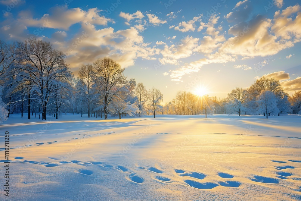 Poster a snowy field with trees in the background and a sun setting in the sky