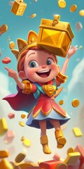 Fototapeta premium Illustrated queen character holding a chest, excited , for casual game