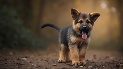 A small black and brown dog standing on a dirt road