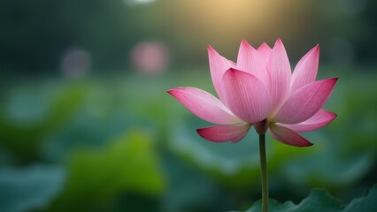 A pink lotus flower in the middle of a green field