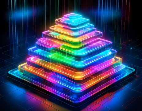 A 3D image depicting a futuristic software stack in cloud computing
