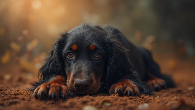 A black and tan dog laying on the ground