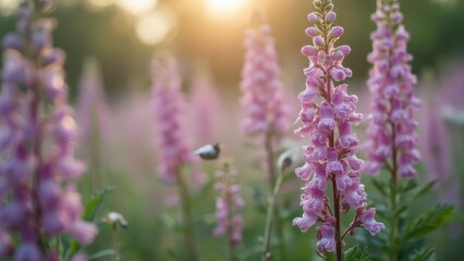 Obraz premium A field of pink flowers with the sun setting in the background