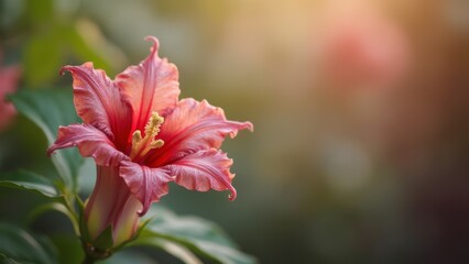 A pink flower with green leaves in the background