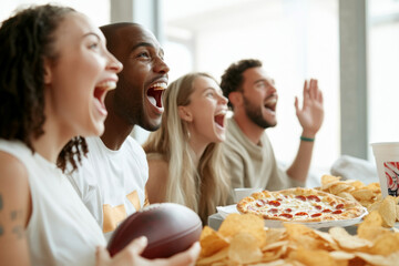 Friends watching Super Bowl football game eating snacks together at home