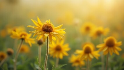 Obraz premium A field of yellow flowers with the sun shining through them