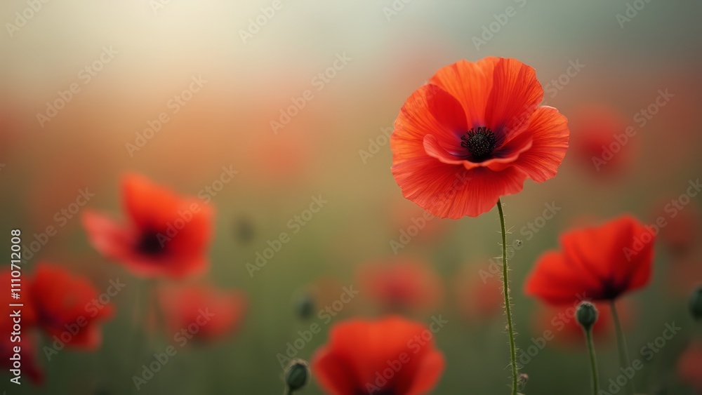 Poster a field of red poppies in the middle of a field