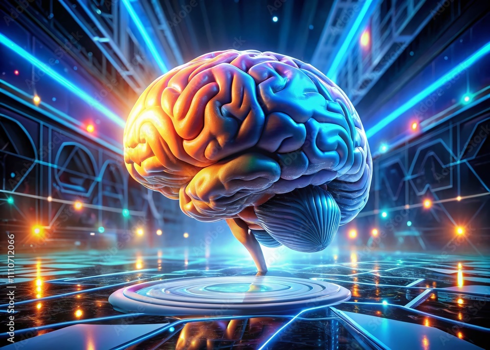 Poster futuristic 3d sci-fi human brain with hud elements in a digital landscape, featuring high-tech visua