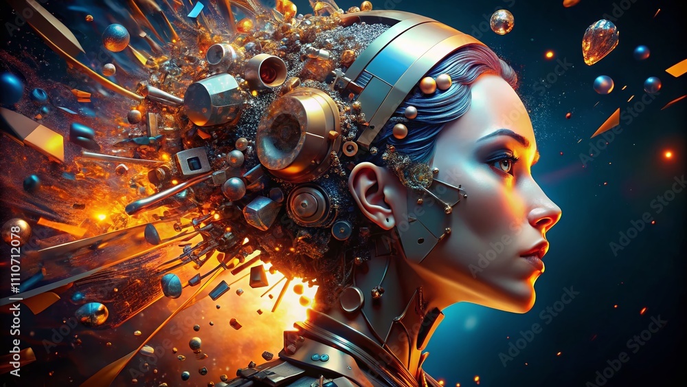 Poster futuristic 3d illustration of a metallic female ai head exploding in a macro photography style, capt