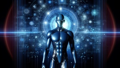 An illustration of a futuristic blue humanoid figure facing forward with a neutral expression