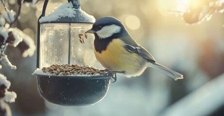 Great Tit Eating Seeds from a Bird Feeder in Winter Garden. AI generated illustration.