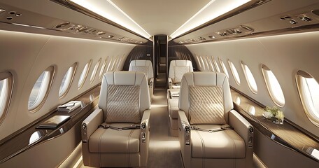 Sophisticated private airplane cabin with sleek finishes and spacious seating. Designed for comfort and style with soft lighting and refined materials.