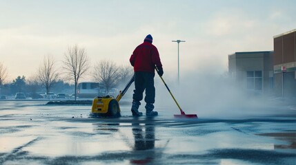 Obraz premium Image of a man with professional deicing a parking lot in winter