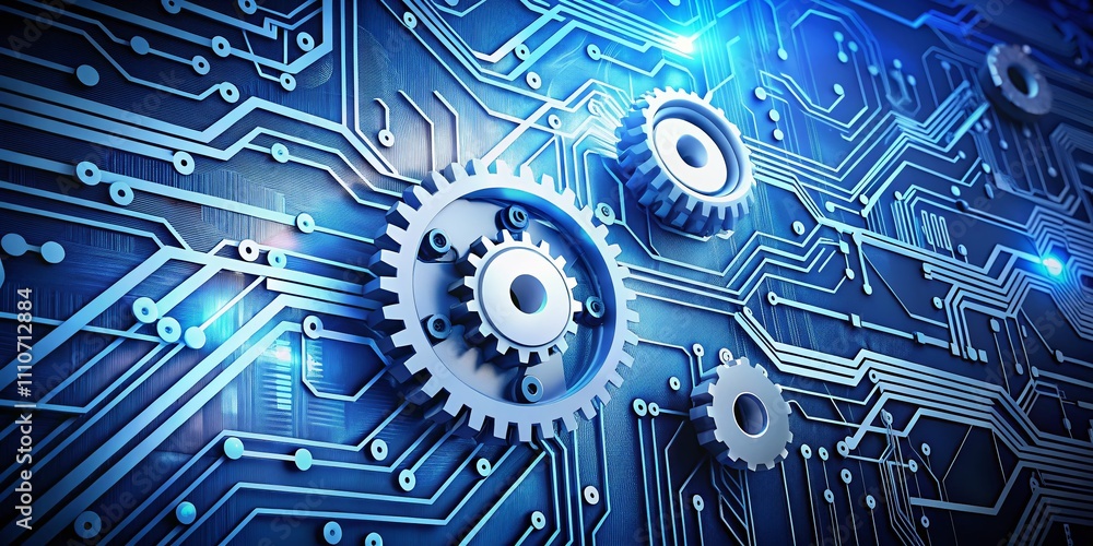 Poster futuristic cybersecurity concept with white gears and cog wheels on a circuit board, showcasing digi