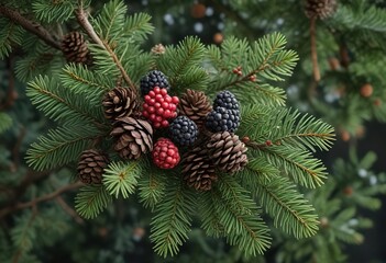 Berries and pinecones intertwined on a evergreen branch, evergreen branches, festive decor