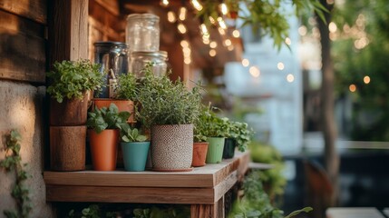 DIY gardening with small herbs, eco-friendly pots, repurposed containers, cozy patio corner, natural style