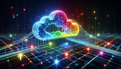 Fototapeta premium A 3D futuristic representation of Cloud Bridge in cloud computing technology