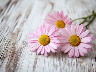 Obraz premium White wooden spring background with pink daisy flowers. White wooden shabby chic spring background with pink daisy flowers.
