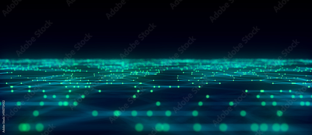 Aufkleber Wave of particles and lines. Big data visualization. Abstract background with a dynamic wave. 3d rendering.