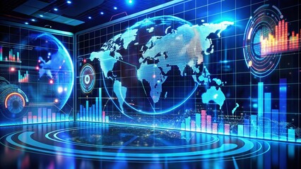 Futuristic HUD UI with 3D Global World Map and Business Data Charts Showcasing Blue Holograms and Circular Diagram Statistic Graphs for Digital Dashboard Insights