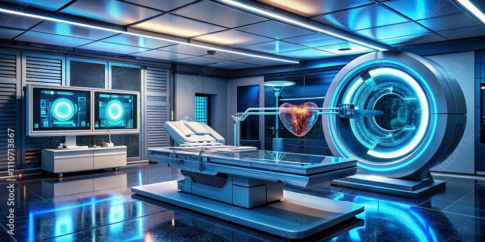 Poster futuristic medical device showcasing 3d organ scan in a high-tech lab environment with advanced tech