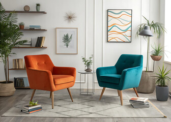 modern living room teal and orange velvet chairs.