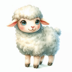 Cute and fluffy cartoon sheep with a cheerful expression and fluffy wool standing on four hooves