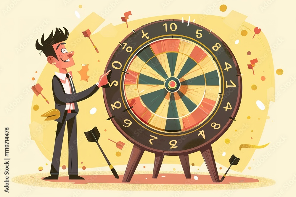 Poster a man is standing in front of a dartboard with a smile on his face