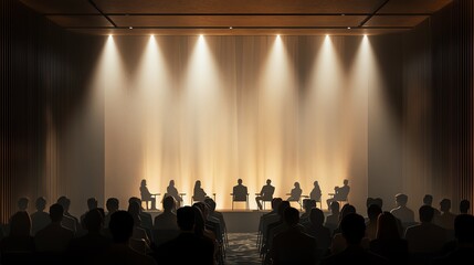 Professionals presenting in a stylish conference room, warm spotlights, group attentive, eyelevel framing