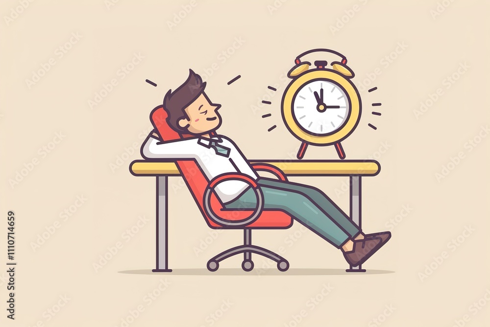 Poster a man is sitting in a chair with an alarm clock on a table in front of him