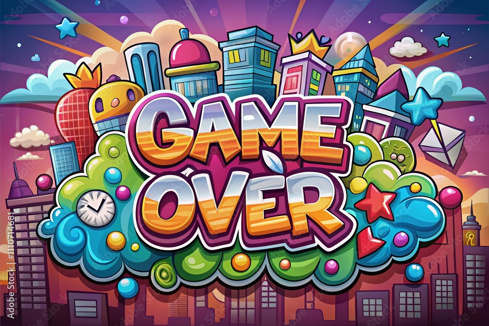 Poster game over design for ui game header - cartoon style for urban exploration photography with vibrant c