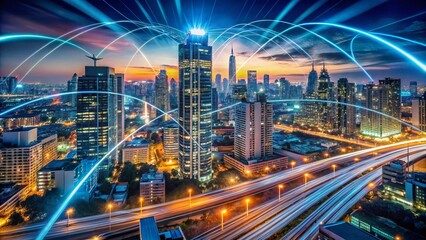 Obraz premium Futuristic Urban Landscape at Night Showcasing Data Technology, Cyber Security, and Cloud Computing with Dynamic Light Trails and Digital Communication Overlays