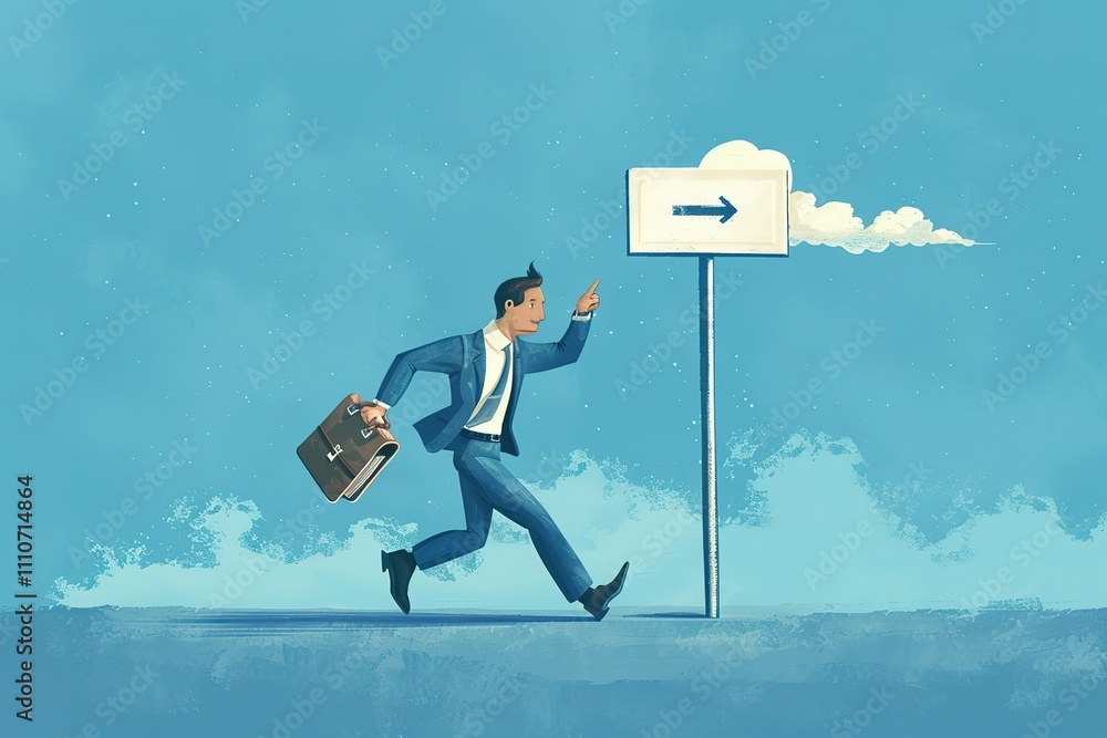 Poster A man in a suit is running towards a sign with an arrow pointing to the right