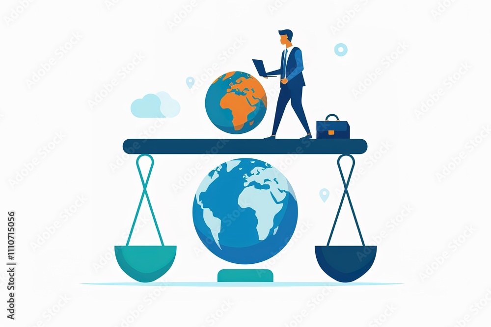 Poster a man is walking on a scale with a globe on one side