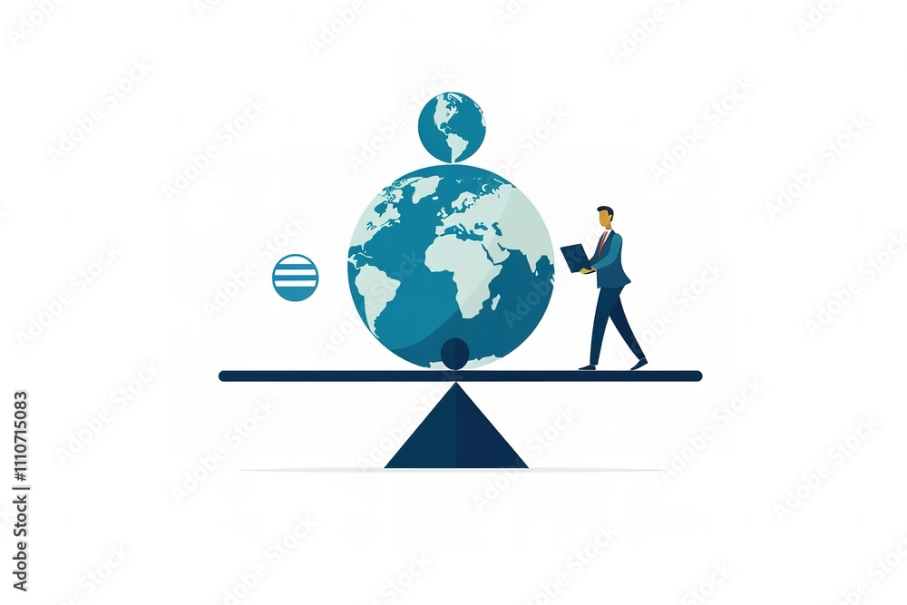 Poster a man is walking on a scale with a globe on one side and a laptop on the other