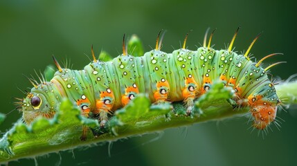 Naklejka premium A close-up of a vibrant green caterpillar resting on a leaf.