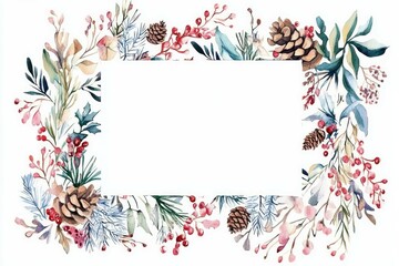 Obraz premium Watercolor winter floral frame with a blank white square in the middle, clipart on white background