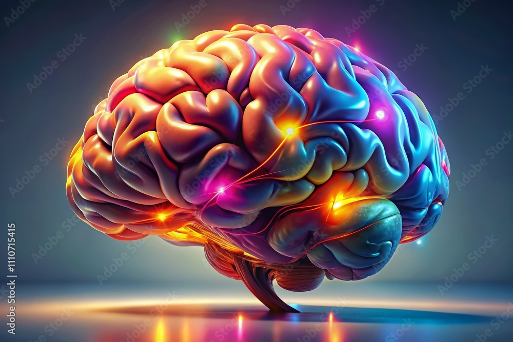 Poster glowing brain 3d rendering in night photography, illuminated against light gray background for scien