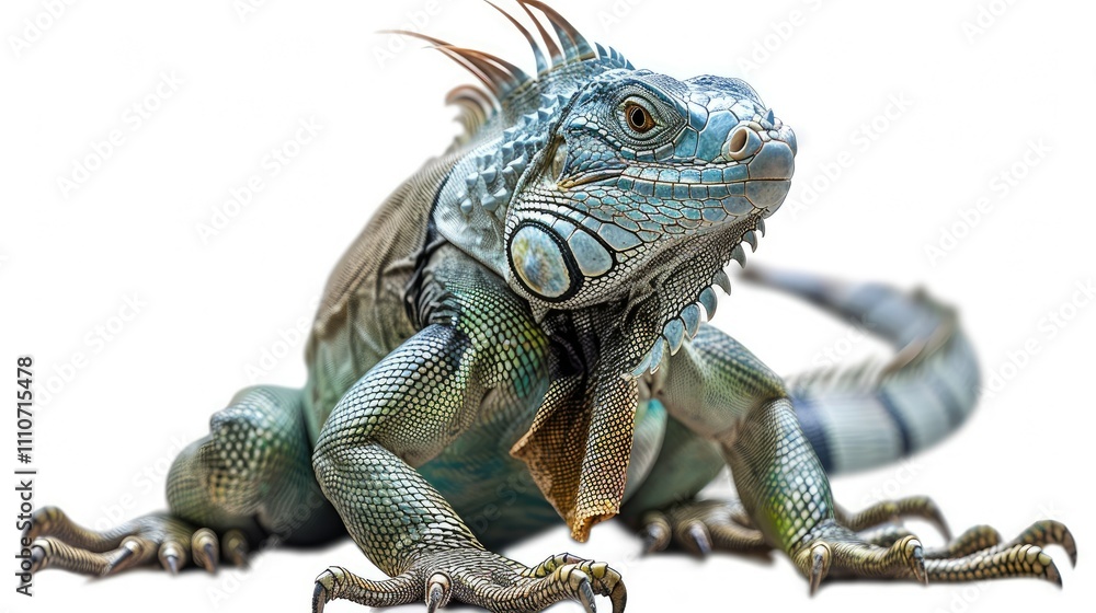 Poster a close-up of a vibrant iguana showcasing its colorful scales and distinctive features.
